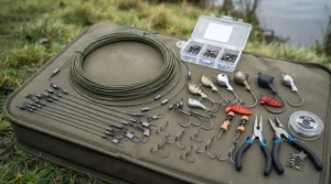 Essential pike fishing tackle including wire traces, heavy-duty clips, and jig heads laid out on a table