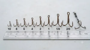 Close-up comparison of various treble hook sizes laid out for UK pike fishing tackle selection.