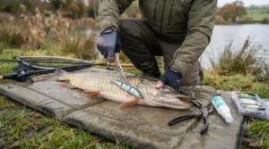 Essential unhooking mat and forceps for safe pike handling.
