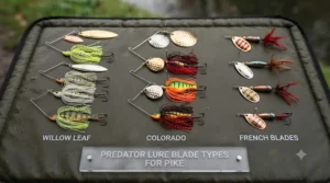 Close-up of willow, Colorado, and French blades for pike lures showing different flash and vibration patterns.