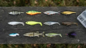 Selection of pike lure colours for different water clarities and light conditions.