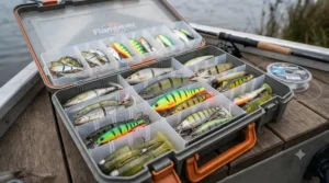 A well-organised tackle box featuring various jerkbaits for pike.