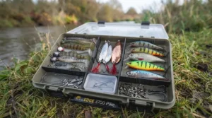 Organised selection of various pike lures, including shads, wobblers, and spinners for different river conditions.