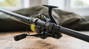 Fishing reel securely mounted on a carbon pike spinning rod setup.