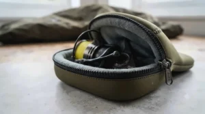 Compact fishing reel stored in a padded protective case for transport.