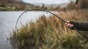 A profile view demonstrating the progressive test curve and powerful action of the 3lb TC pike deadbait rod under a controlled, moderate bend.