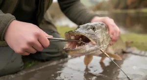 Close-up of a pike's razor-sharp teeth showcasing why a robust wire trace is essential gear for safe catch and release.