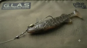 Range of different sized soft plastic lures laid out to compare lengths for winter and summer pike tactics.