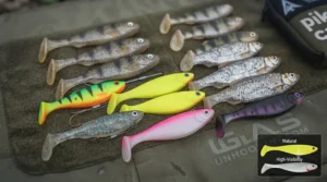 Soft plastic lure rigged with a wire stinger trace and heavy-duty jig head for pike fishing.