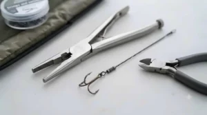 Essential pike fishing gear including long-nose pliers, wire traces, and treble hooks laid out on an unhooking mat.