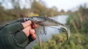 Technical diagram demonstrating how to correctly rig a soft plastic lure with a stinger hook for pike.