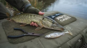 Safely unhooked pike on an unhooking mat alongside unhooking tools and a soft plastic lure.
