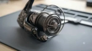 Side profile showing the precision drag adjustment dial on a modern pike reel.