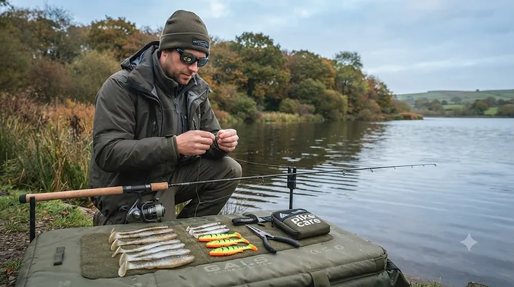 Selection of realistic soft plastic lures for pike fishing displayed on an unhooking mat by a British reservoir. Soft Plastic Lures for Pike