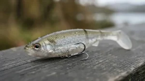 A realistic soft plastic swimbait showing natural movement for pike fishing.
