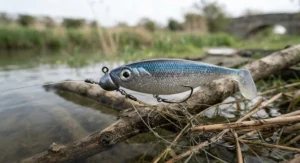 A detailed close-up of a soft plastic shad rigged with a jig head, showing the weedless setup for snaggy river swims.