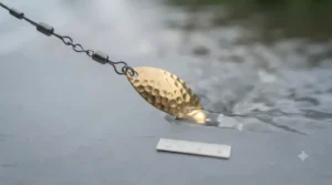 Close-up of a spinnerbait blade creating flash and vibration in water.