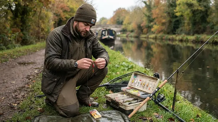 A side-by-side comparison of a spinnerbait and an inline spinner lure on a tackle tray, used for targeting pike in UK lakes and canals. Spinnerbait vs Inline Spinner for Pike