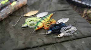 A detailed top-down photograph of four classic bladed spinnerbaits with willow and Colorado blades in gold and silver finishes, designed for murky water and presented on a tackle mat.