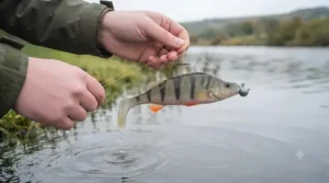Fully rigged soft plastic lure being checked for balance and tail action before casting into a British reservoir