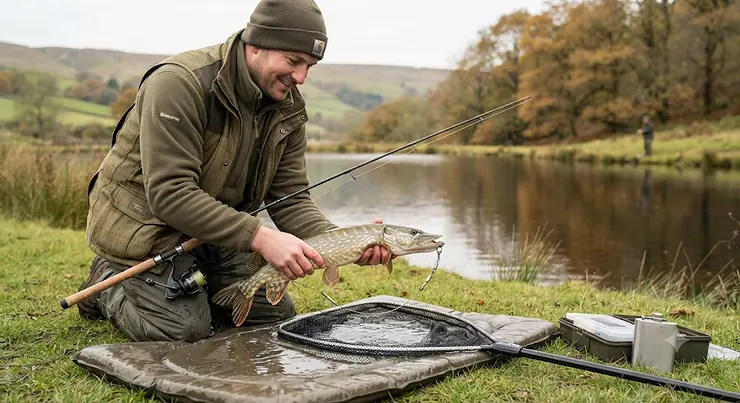 An angler comparing a titanium wire trace and a steel wire trace side by side for pike fishing in a UK freshwater lake. Titanium Wire Trace vs Steel Wire Trace for Pike