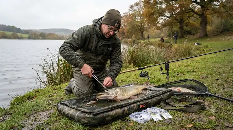A rig setup demonstrating the correct treble hook size for pike deadbait fishing in a UK freshwater lake. Treble Hook Size for Pike Deadbait