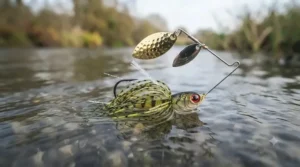 A weedless spinnerbait lure, ideal for casting near reed beds and snags when targeting river pike.