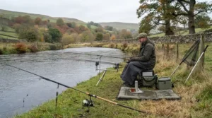 Autumnal river scene featuring an angler targeting pike with ledgered deadbaits and treble hook rigs in the UK.