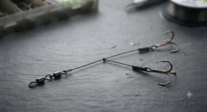 Wire trace setup with sharp treble hooks essential for safe UK pike angling.