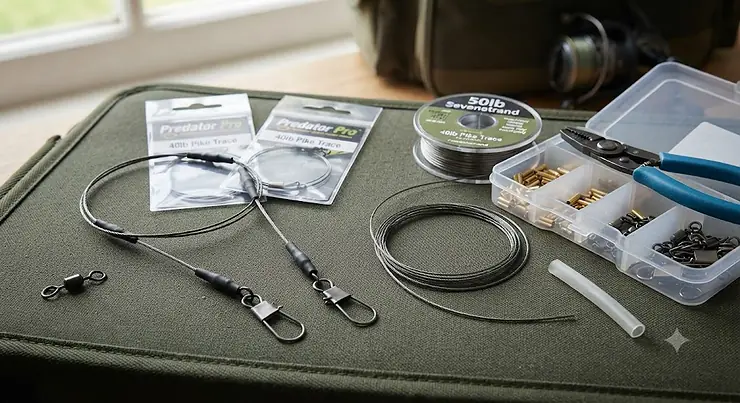 A selection of heavy-duty wire traces for pike fishing laid out on a tackle mat, featuring durable crimps and heavy swivels for British predator fishing. Wire Traces for Pike