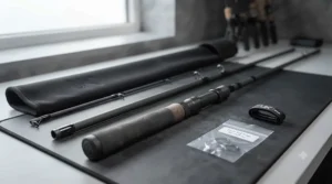 The two equal sections of the specimen catfish rod (butt section with handle and tip section) laid parallel on a workshop mat, displaying the clean push-in ferrule joint.