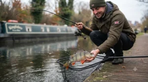 An angler successfully landing a striped perch from a UK river using a lightweight budget rod.