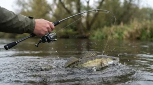 Angler successfully landing a zander using an affordable budget rod by a UK canal.
