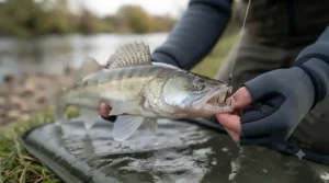 Angler safely unhooking a fine zander caught on an artificial lure at a British stillwater venue.