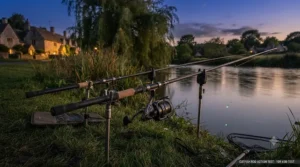 Two-rod setup featuring a best catfish rod on sturdy bank sticks beside a tranquil British river at dusk.