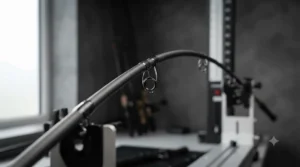 A detailed close-up of the specific catfish rod blank from image_0.png bending under a heavy, controlled test curve in a workshop, demonstrating its powerful backbone.