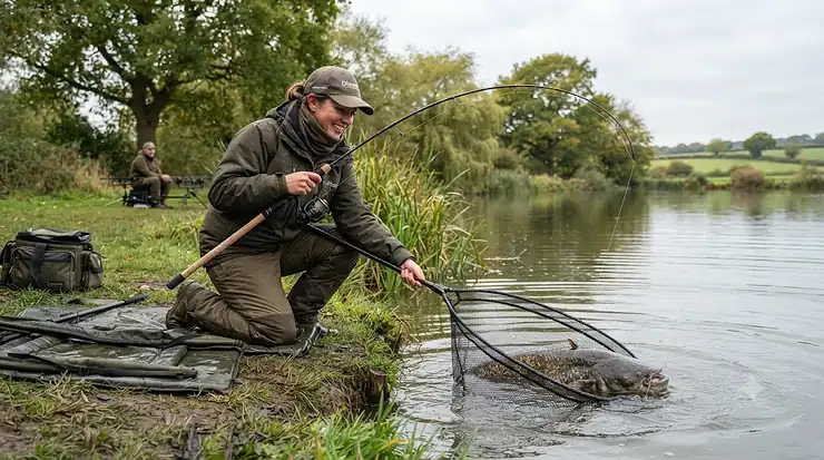 Angler landing a large catfish during a session at a British freshwater venue, showcasing a heavy-duty best catfish rod.