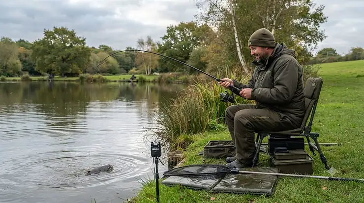 Angler holding a strong catfish rod by a UK lake, showcasing an affordable setup under £80 for targeting large freshwater fish. catfish rod under £80