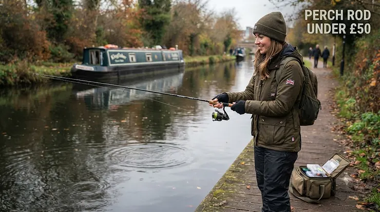 A lightweight perch fishing rod and reel setup laid out by a British canal, ideal for anglers looking for a quality rod under £50. Perch Rod Under £50