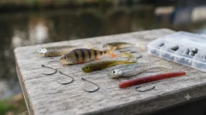 Selection of small soft plastic curly tail grubs and shad lures used for drop shotting UK canals and rivers.
