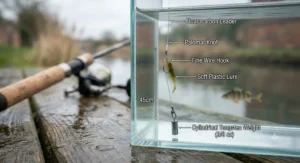 Close-up of various worm and fry imitation soft plastic baits used by anglers on UK venues.