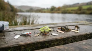 Close-up of metallic tail spinners and small spinnerbaits used for aggressive perch strikes in UK canals and rivers.