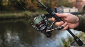 Lightweight spinning reel loaded with braid, paired with a drop shot rod for modern perch angling tactics.
