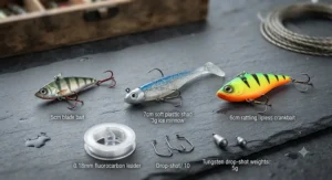 Selection of blade baits, soft plastics, and drop-shot lures laid out for UK winter perch fishing.