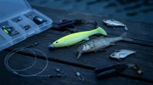 Assortment of soft plastic and hard-bodied zander lures recommended for night fishing in British rivers and drains.