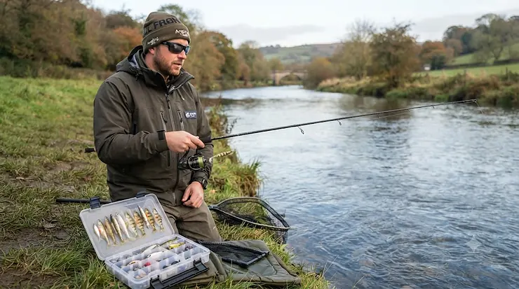 Selection of the best zander lures laid out on a tackle box, popular for predator fishing on UK rivers and canals. best zander lures