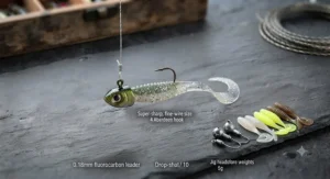 Metal blade baits and tail spinners designed for vertical jigging for perch in deep UK reservoirs.