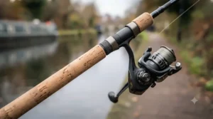 Close-up of an ergonomic cork handle and reel seat on an affordable spinning rod designed for UK perch fishing.