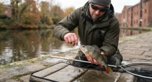 Angler safely handling and releasing a medium-sized perch to promote sustainable catch-and-release fishing in the UK.