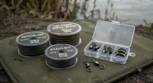 Spool of high-break-strain braided hooklink material designed for constructing robust rigs when targeting British catfish.